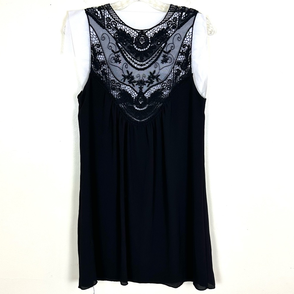 MINIMI Black Crepe Lacy Fairy Goth Mini Swing Dress LBD Elegant Evening, Size S